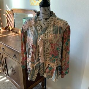 Jaded Gypsy Floral Patchwork Tea Stain Lace Trim Jacket